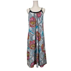Trina Turk Floral Silk Long Midi Dress Spaghetti Strap Black White Aqua Size S